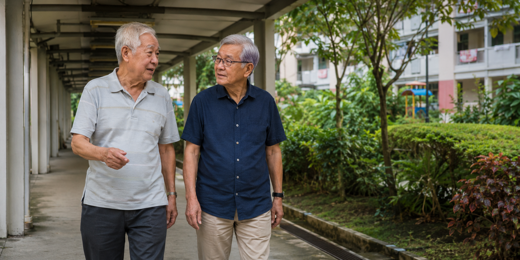 两位长者在新加坡社区花园散步交谈
